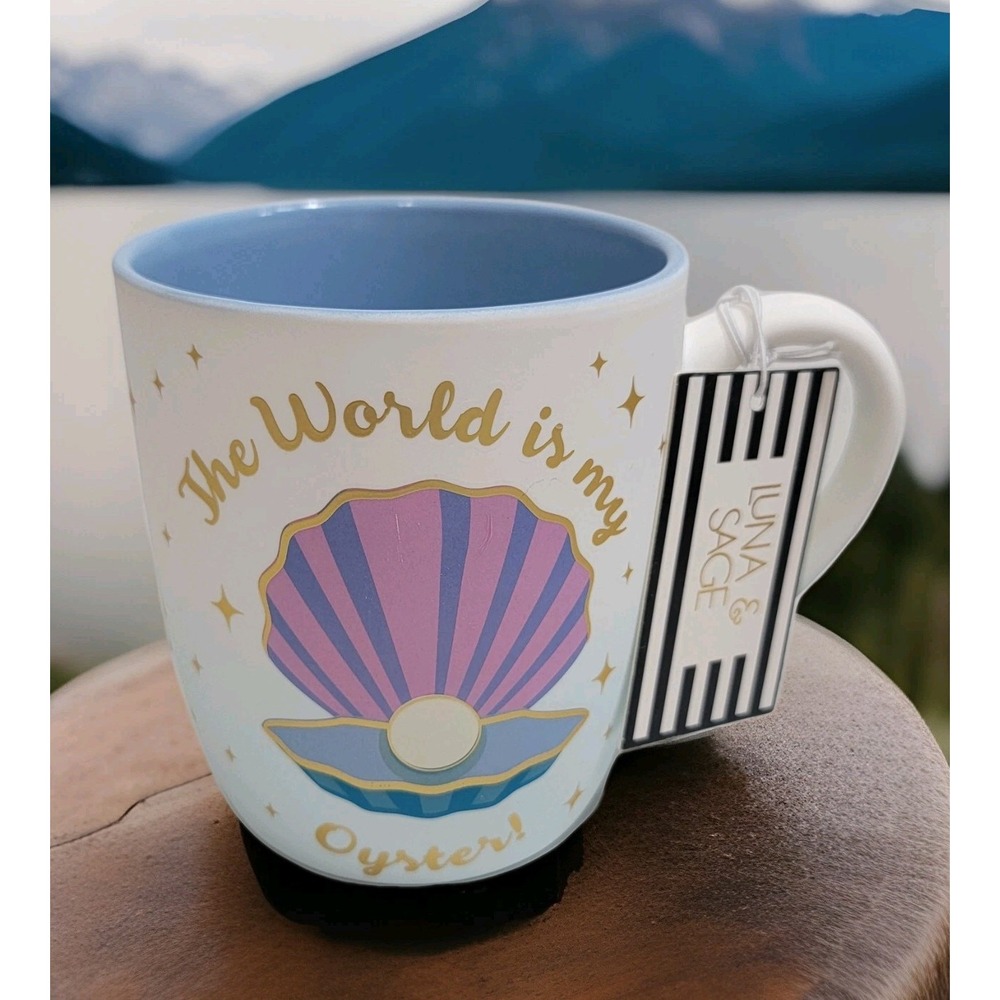 NEW! Luna & Sage THE‎ WORLD IS MY OYSTER Soft Touch Ceramic Coffee Mug Sea Shell